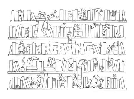 Sketch of people teamwork, books, cooperation. Doodle cartoon scene with bookshelves. Hand drawn vector illustration for education design isolated on white.のイラスト素材