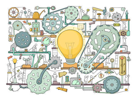Sketch of people teamwork, gears, lamp idea. Doodle cartoon mechanism with machinery and cogwheels. Hand drawn vector illustration for business design isolated on white.のイラスト素材