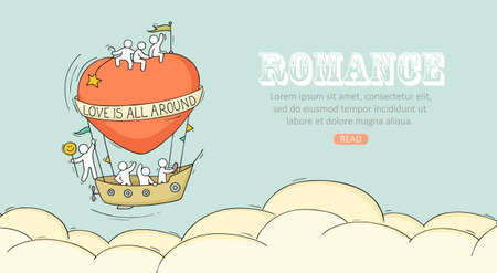 Sketch of fly big heart with cute little people. Doodle cute miniature romantic scene with space for text. Hand drawn cartoon vector illustration for valentine day design.のイラスト素材