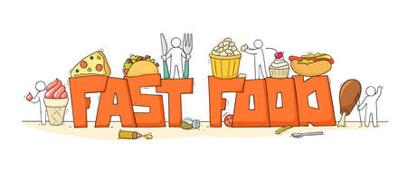 Cartoon set with little people and text Fast food. Doodle cute miniature scene of workers with pizza, potato. Hand drawn vector illustration for menu design.のイラスト素材