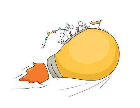 Sketch of working little people with flying lamp idea. Doodle cute miniature scene of creative workers. Hand drawn cartoon vector illustration for business design and infographic.のイラスト素材