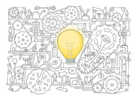 Sketch of people teamwork, gears, lamp idea. Doodle cartoon mechanism with machinery and cogwheels. Hand drawn vector illustration for business design isolated on white.のイラスト素材