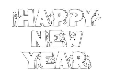 Happy New Year concept. Cartoon doodle illustration with liitle people prepare to celebration. Hand drawn vector for holiday design.のイラスト素材