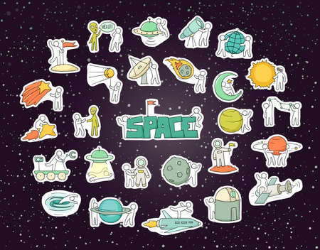 Cartoon icons set of sketch little people with space objects. Doodle cute workers with cosmic elements. Hand drawn vector illustration for astronomy design.のイラスト素材