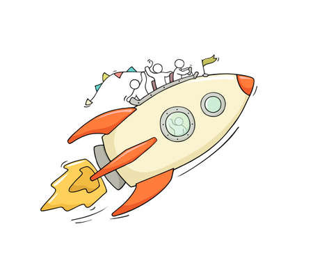 Sketch of little people with flying rocket. Doodle cute miniature scene of workers about start up. Hand drawn cartoon vector illustration for business design.のイラスト素材