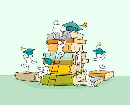 Sketch studing little people. Doodle cute miniature of stack of books. Hand drawn cartoon vector illustration for business and education design.のイラスト素材