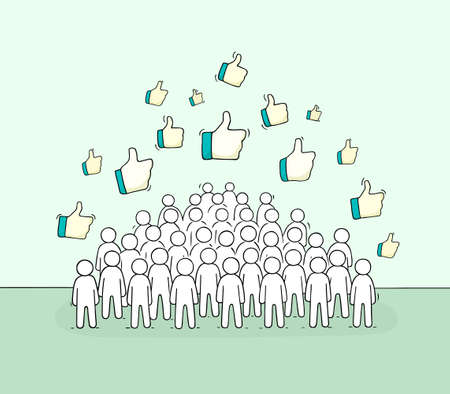 Crowd of working little people with like sings. Doodle cute miniature about communication. Hand drawn cartoon vector illustration for social media and web design.のイラスト素材