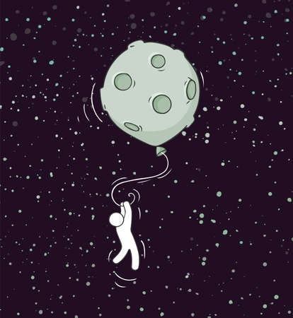Sketch of little man with flying planet like baloon. Doodle cute miniature scene about discovery. Hand drawn cartoon vector illustration for creative design.のイラスト素材