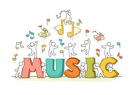 Sketch of crowd little people with flying notes. Doodle cute miniature scene with word music. Hand drawn cartoon vector illustration musical design.のイラスト素材