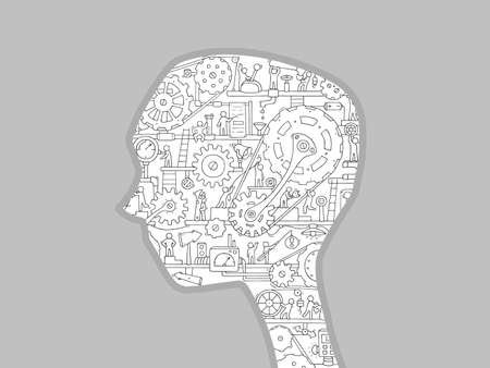 Cartoon silhouette of a man's head with working people and gears. The business concept of making idea.のイラスト素材