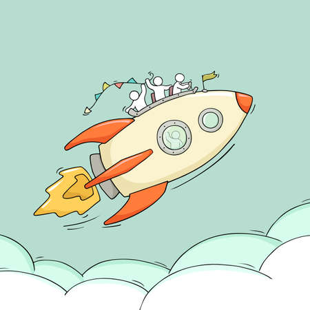Sketch of little people with flying rocket. Doodle cute miniature scene of workers about start up. Hand drawn cartoon vector illustration for business design.のイラスト素材