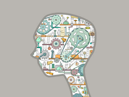 Cartoon silhouette of a man's head with working people and gears. The business concept of making idea.のイラスト素材
