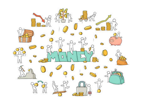 Sketch set with little people and coins. Doodle cute finance objects. Hand drawn cartoon vector illustration for business design.のイラスト素材