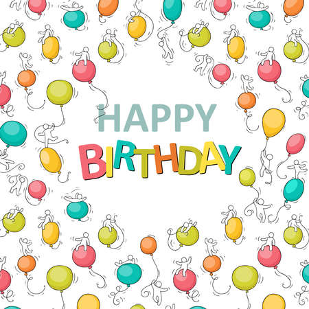 Background with colorful birthday balloons flying for party and celebration. Cartoon vector set with little people.のイラスト素材