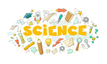 Cartoon set with little people and education symbols. Doodle cute miniature scene of workers with books, rocket. Hand drawn vector illustration for science design.のイラスト素材