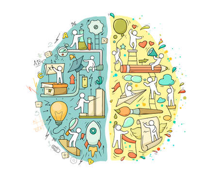 Cartoon Left and right brain functions with little people. Doodle vector illustration for psychology and creative design.のイラスト素材