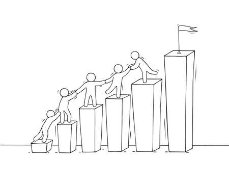 Sketch of graph with working little people. Doodle cute miniature of diagram and teamwork. Hand drawn cartoon vector illustration for business design and infographic.のイラスト素材