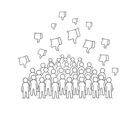 Crowd of little people with dislikes. Doodle cute social scene with negative messages. Hand drawn cartoon vector illustration for internet design and infographic.のイラスト素材