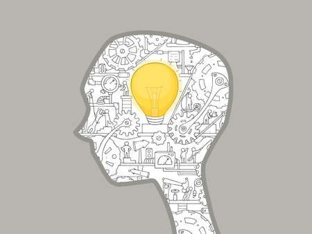 Cartoon silhouette of a man's head with working people and gears. The business concept of making idea.のイラスト素材