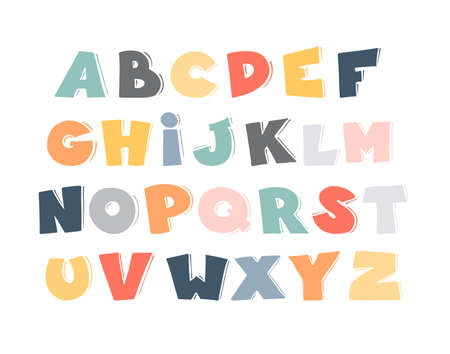 Cartoon vector alphabet for kids. Doodle graphic font. Hand drawn art for typography poster, card, brochure, page, banner design. ABC.のイラスト素材