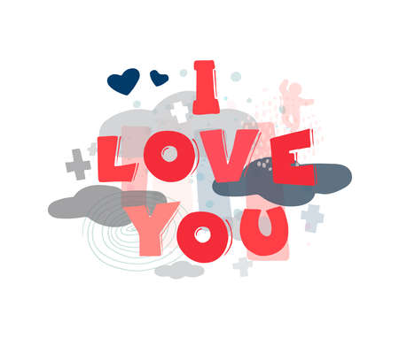 Cute card - I love you. Doodle lettering for valentine's day. Hand drawn romantic illustration.のイラスト素材