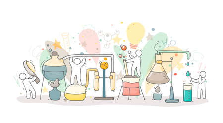 Chemical experiment with working little people, beaker. Doodle cute miniature of teamwork and materials research. Hand drawn cartoon vector illustration for biology and chemistry.のイラスト素材
