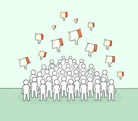 Crowd of little people with dislikes. Doodle cute social scene with negative messages. Hand drawn cartoon vector illustration for internet design and infographic.のイラスト素材