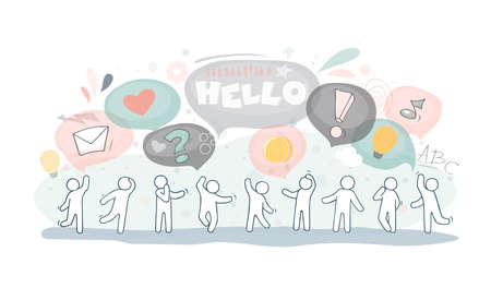 Illustration with speech bubbles. Comic hand drawn template with little people standing in a row. Vector isolated on white background.のイラスト素材