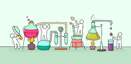 Sketch of chemical experiment with working little people, beaker. Doodle cute miniature of teamwork and materials research. Hand drawn cartoon vector illustration for biology and chemistry.のイラスト素材