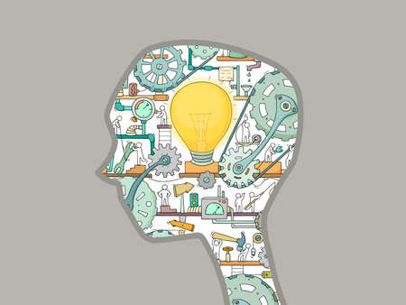 Cartoon silhouette of a man's head with working people and gears. The business concept of making idea.のイラスト素材