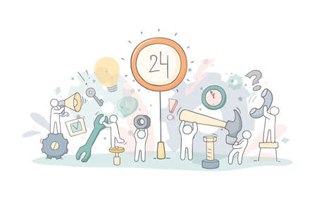 Support team. Doodle cartoon little men and tools. Hand drawn vector illustration for business design.のイラスト素材