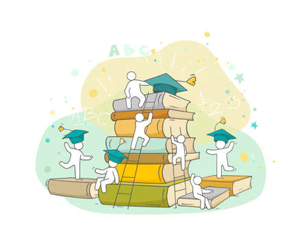 Sketch studing little people. Doodle cute miniature of stack of books. Hand drawn cartoon vector illustration for business and education design.のイラスト素材