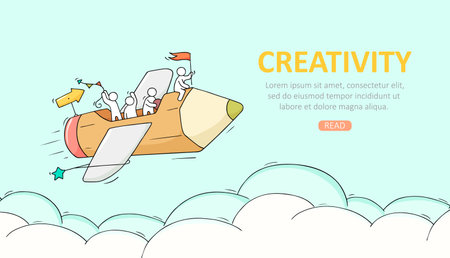 Business temblate with pencil. Doodle cute miniature scene about creativity. Hand drawn cartoon vector illustration.のイラスト素材