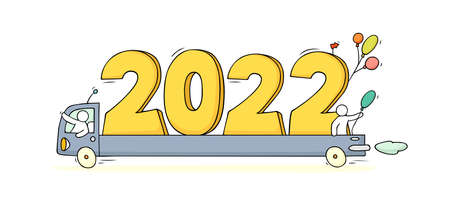 2022 Happy New Year concept with cars. Cartoon doodle illustration with liitle people prepare to celebration. Hand drawn vector for christmas design.のイラスト素材