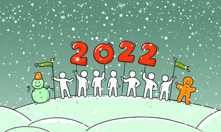 2022 Happy New Year concept. Cartoon doodle illustration with liitle people prepare to celebration....