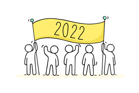 2022 Happy New Year card. Cartoon doodle illustration with liitle people prepare to celebration. Hand drawn vector illustration.のイラスト素材