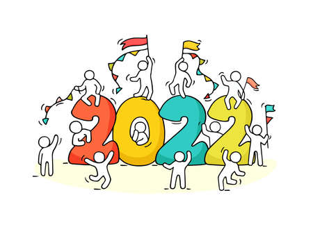 2022 Happy New Year background. Cartoon doodle illustration with liitle people prepare to celebration. Hand drawn vector illustration.のイラスト素材