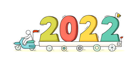 2022 Happy New Year concept with cars. Cartoon doodle illustration with liitle people prepare to celebration. Hand drawn vector for christmas design.のイラスト素材
