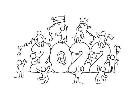 2022 Happy New Year background. Cartoon doodle illustration with liitle people prepare to celebration. Hand drawn vector illustration.のイラスト素材