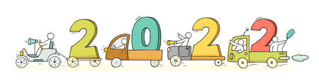 2022 Happy New Year concept with cars. Cartoon doodle illustration with liitle people prepare to celebration. Hand drawn vector for christmas design.のイラスト素材