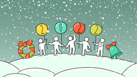 2022 Happy New Year concept. Cartoon doodle illustration with liitle people prepare to celebration. Hand drawn vector for christmas design.のイラスト素材