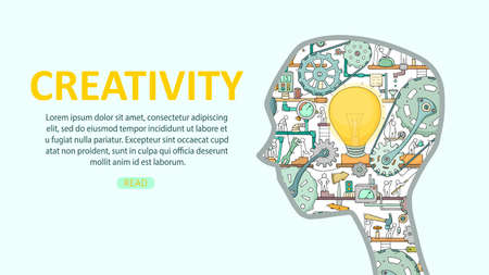 Cartoon silhouette of a man's head with working people and gears. The business concept of making idea.のイラスト素材