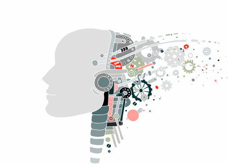 Artificial intelligence and human - artwork. Robot head with many gears. Vector cartoon illustration about future technology.のイラスト素材