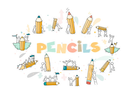Pencils set with working little people. Doodle cute miniature scenes of workers with stationery. Hand drawn cartoon vector illustration for business and school design.のイラスト素材
