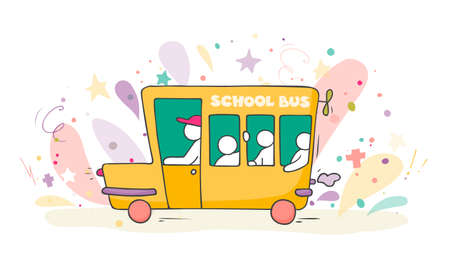 Cartoon peopl in the school bus. Cute vector illustration - kids riding on transpot.