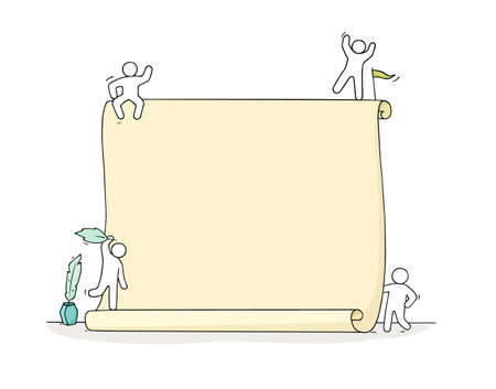 Cartoon working little people with big paper. Doodle cute miniature scene with space for text. Hand drawn vector illustration for business design and infographic.のイラスト素材