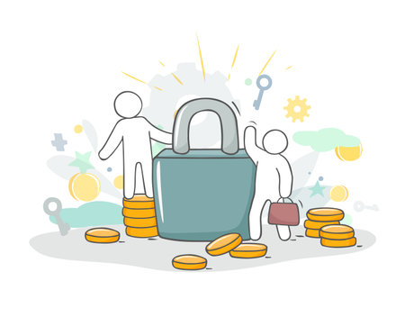 Sketch illustration with little people and coins. Doodle cute finance object. Hand drawn cartoon vector for business design.のイラスト素材