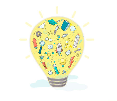 Business background with lamp idea and many symbols. Modern vector illustration about imagination and creativity.のイラスト素材