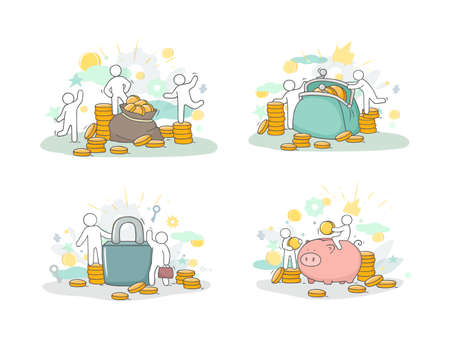 Sketch set with little people and coins. Doodle cute finance objects. Hand drawn cartoon vector illustration for business design.のイラスト素材