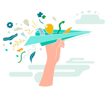Business background with hand and paper plane. Bright vector illustration about imagination and creativity.のイラスト素材